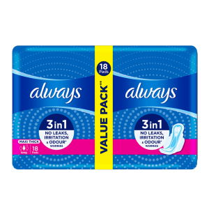 Always 3-in-1 Maxi Thick (Long) Sanitary Pads Value Pack, 18